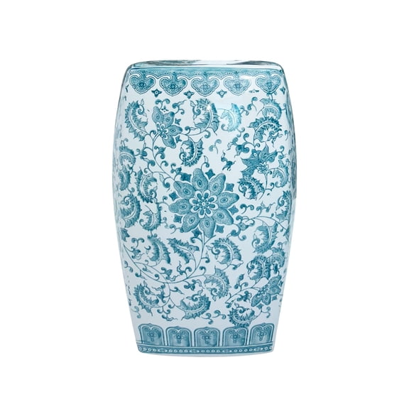 Onipig Ceramic Garden Stool,Teal Blue Scroll Chinoiserie Accent Table