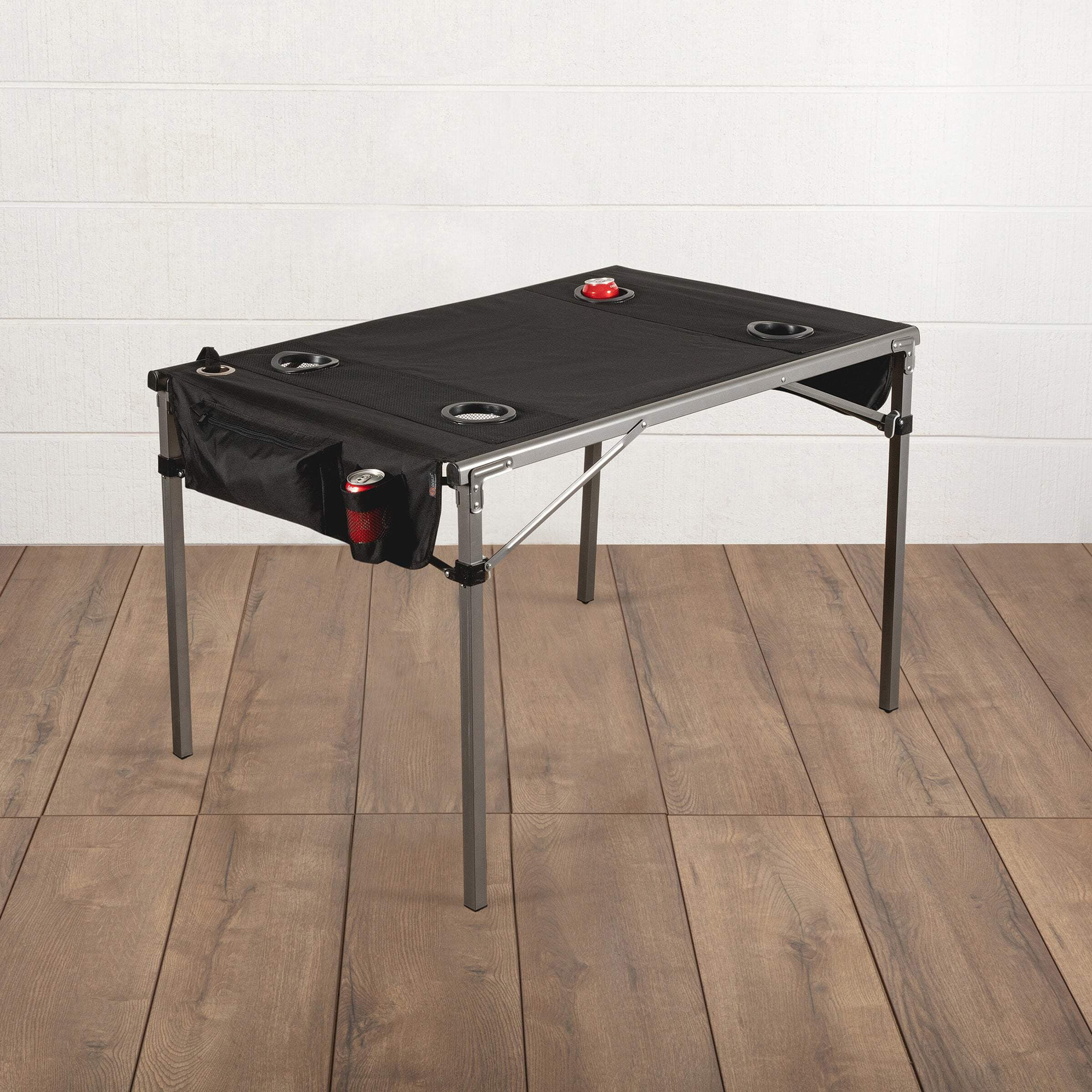 Compact Black Folding Travel Table with Drink Holders and Storage