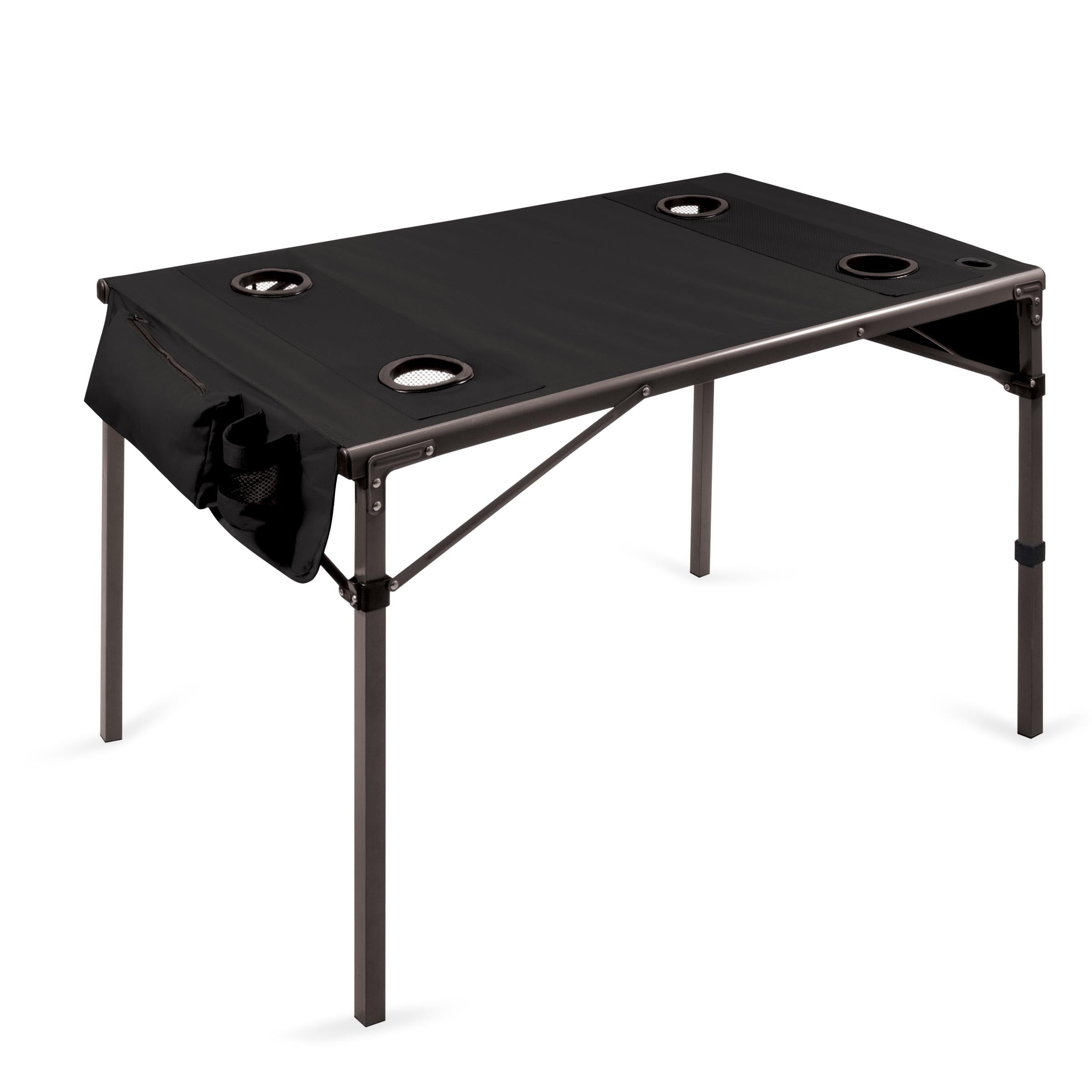 Compact Black Folding Travel Table with Drink Holders and Storage