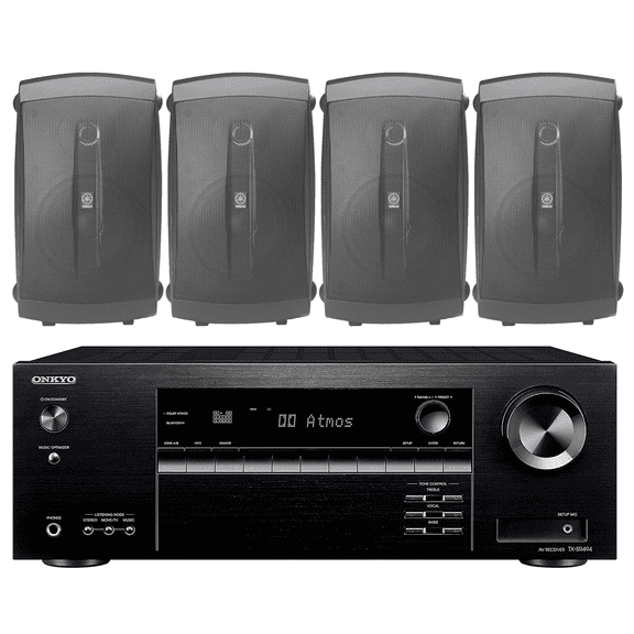 Onkyo 7.2 Channel Wireless Bluetooth 4K 3D A/V Surround Sound Receiver + Yamaha High-Performance Surround Sound 2-Way Indoor/Outdoor Weatherproof Speaker System (Set Of 4)