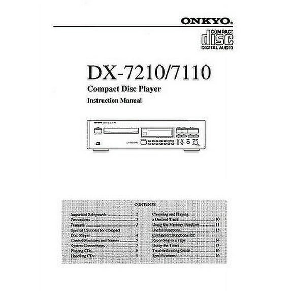Instruction Manual ONLY for Onkyo DX-7210 CD Player Owners Manual REPRINT