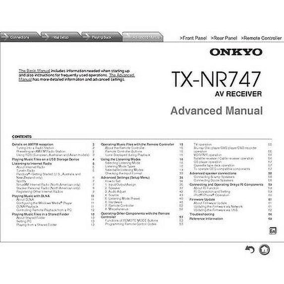 Onkyo Integra TX-NR747 Advanced Receiver Owners Instruction Manual REPRINT