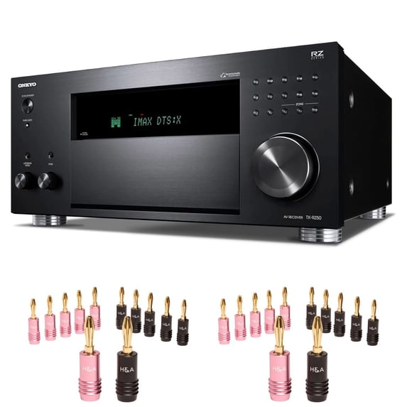 Onkyo TX-RZ50 9.2-Channel 8K/4K Network AV Receiver, 250W Per Channel at 6 Ohms + H&A Speaker Connector Banana Plugs, 12 Pairs