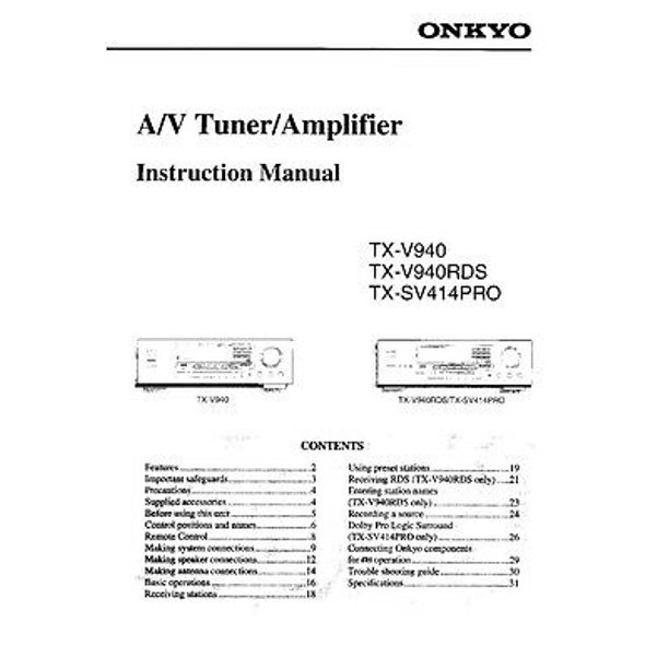 Instruction Manual ONLY for Onkyo TX-V940 Tuner Owners Manual REPRINT ...