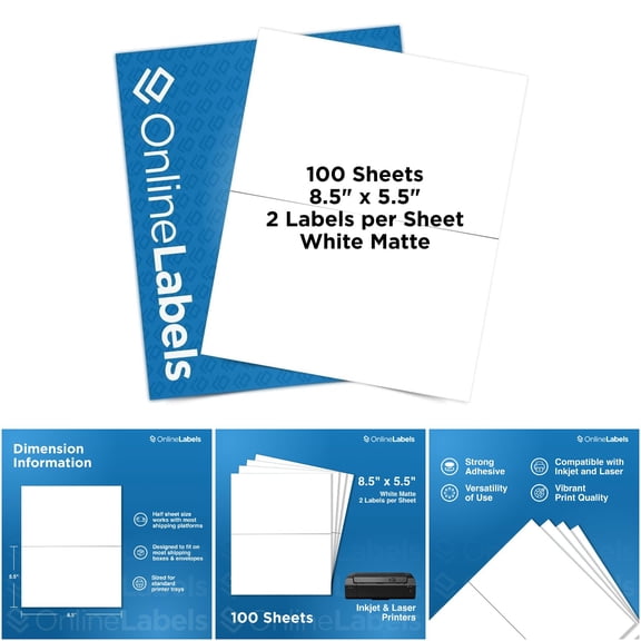 Online Labels OL400WX 100 Sheet Pack Half-Sheet Shipping Labels - White Matte, Permanent, 8.5 x 5.5, for FBA, FedEx, UPS