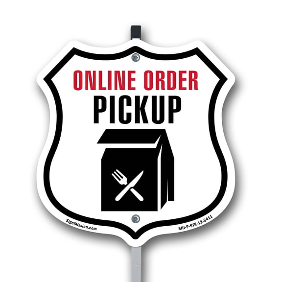 Online Order Pickup 12 inch X 12 inch Shield Shaped Commercial Grade Plastic Sign with Aluminum Mounting Stake Weather Resistant Made in the USA