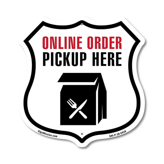 Online Order Pickup Here 12 inch X 12 inch Shield-Shaped Rust-Free Aluminum Metal Sign Weather Resistant Made in the USA