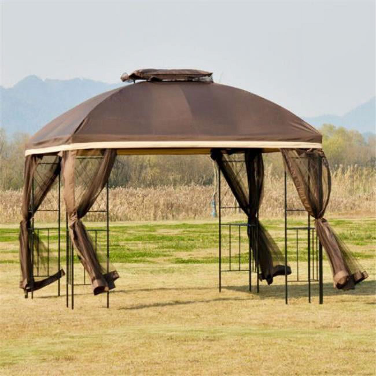Brown 10' x 10' Metal Patio Gazebo with Mesh Netting