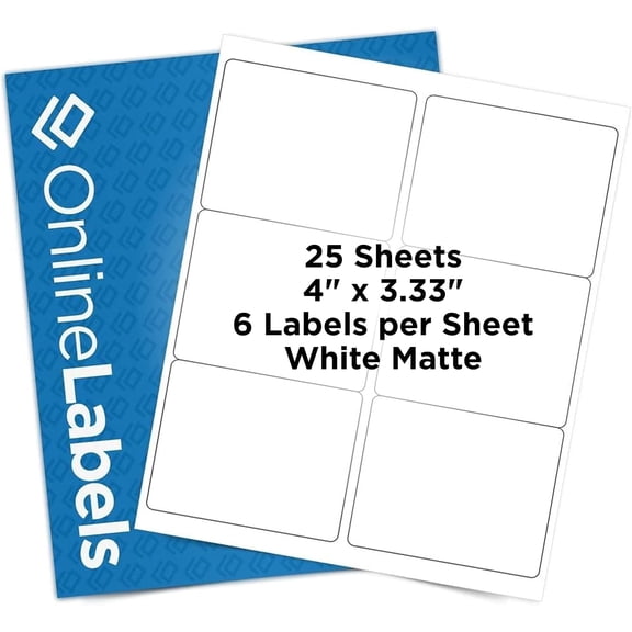 OnlineLabels 4 x 3.33 Rectangle Shipping Labels - Permanent, White Matte - Wine, Pallet Labels - 6-Up - Pack of 150 Labels, 25 Sheets - Inkjet/Laser Printers