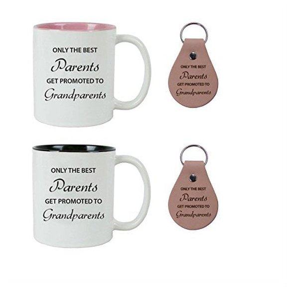 Only the Best Parents Get Promoted to Grandparents Ceramic Coffee Mugs Bundle with Leather Keychains - Great for Expecting Grandpas, Grandmas for Dad, Grandpa, Grandma, Papa, Wife