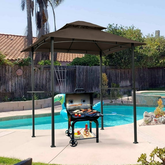 Only Choice 8 x 5 Ft. Black Steel Double Tier Soft Top Canopy Grill Gazebo with Hook and Bar Counters,Brown
