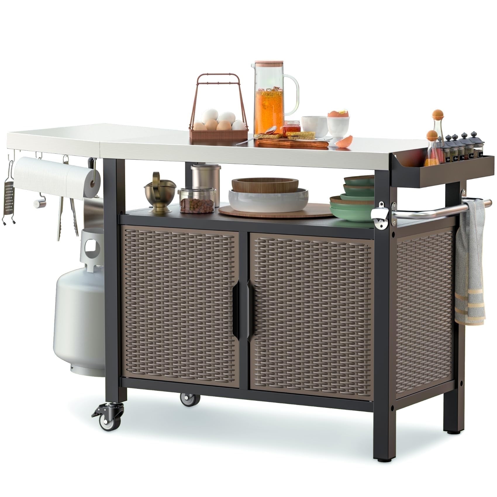 Only Fire 53in Outdoor Grill Cart XL Stainless Steel Countertop Dining Cart Tables with Side Shelf and Wheels