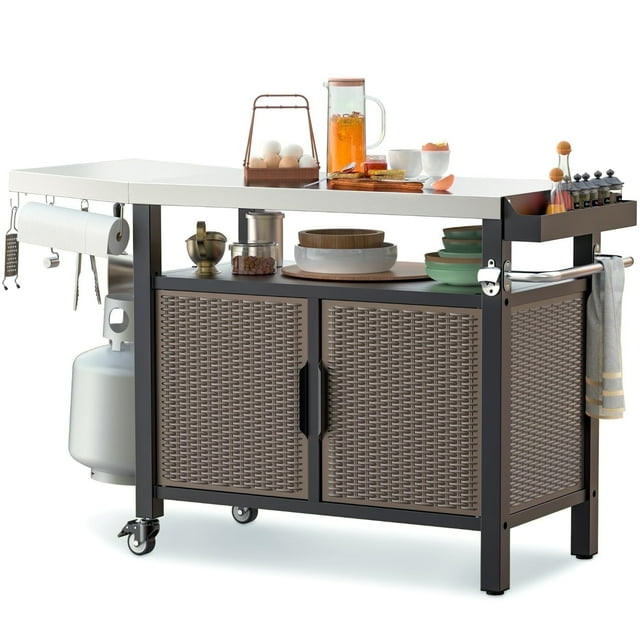 Only Fire 53in Outdoor Grill Cart XL Stainless Steel Countertop Dining Cart Tables with Side Shelf and Wheels