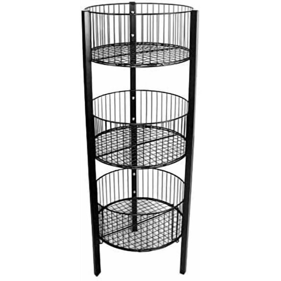 Only Hangers 3-Level Wire Basket Display Rack, Floor Standing, Round Bins, Metal Frame - Available in Black and White (BLACK)