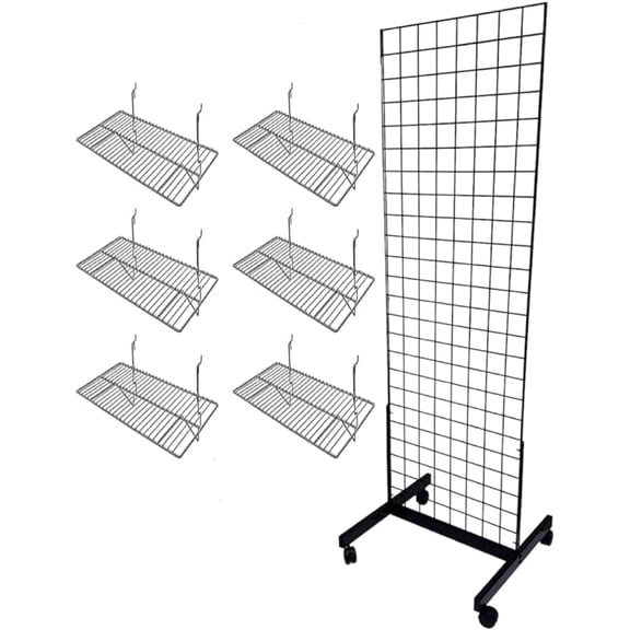 Only Hangers Black 2' x 6' Heavy Duty Commercial Grade Portable Gridwall Art Display Panel (KIT with Shelves)