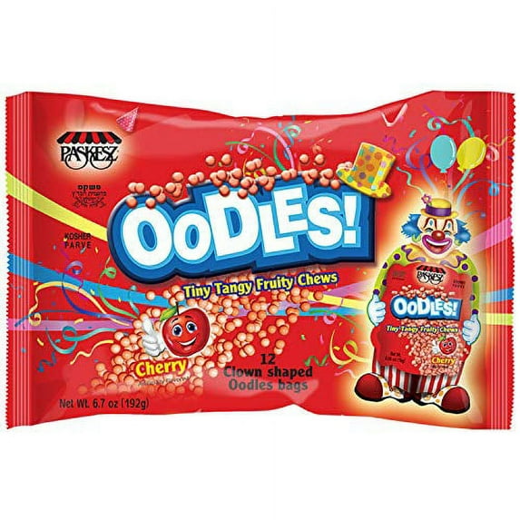 Only Kosher Candy Clown Shaped Oodles Cherry Flavored Tiny Tangy Fruity Chews, Kosher Parve 12 Pouch Per Bag (Pack of 3, 0.56 Ounce per pouch)