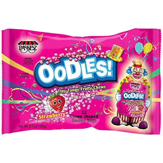 Only Kosher Candy Clown Shaped Oodles Strawberry Flavored Tiny Tangy Fruity Chews, Kosher Parve 12 Pouch Per Bag (Pack of 3, 0.56 Ounce per pouch)