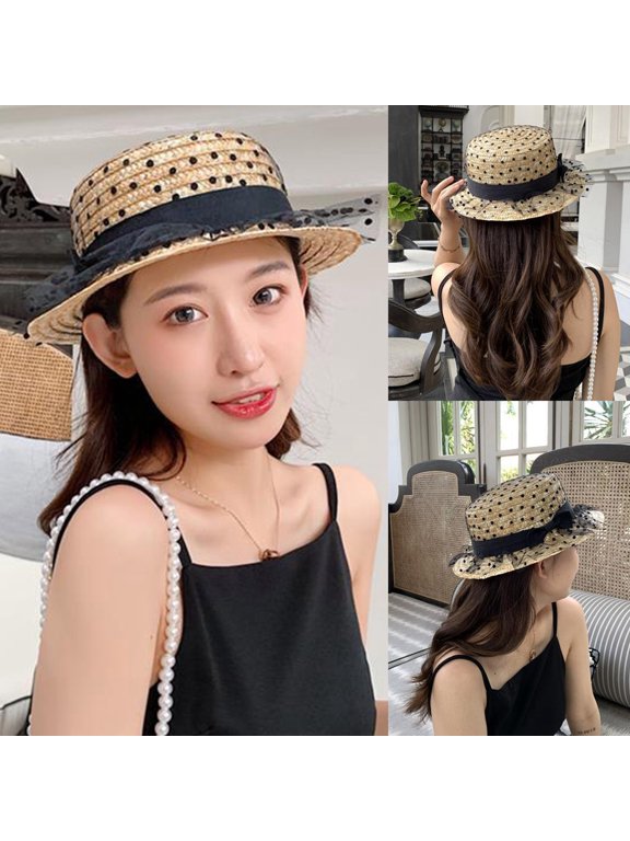 Beige Beach Sun Straw Hats for Women Nylon,Spandex Wide Brim Panama Fedora Beach Hat with Wind Lanyard UPF 80+ M