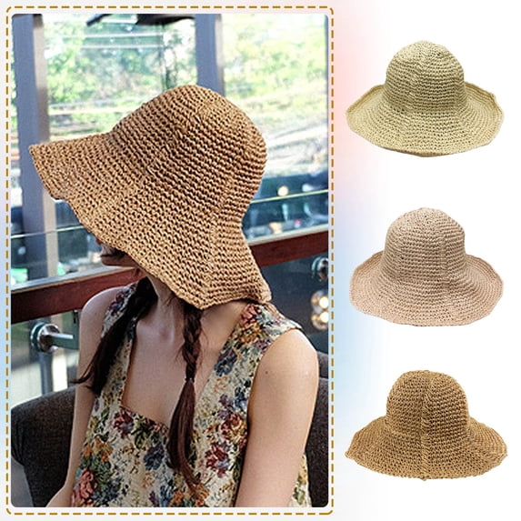 Only Moment Beige Wide Brim Beach Sun Cap Straw Hat Travel Foldable Beach Sun Hat Summer Wide Brim Straw Bucket Hat with Bowknot UPF 50+ M