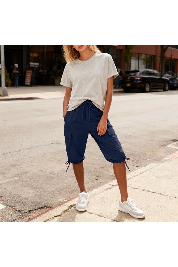 Bermuda Shorts for Women Knee Length High Waist Trousers with Pockets Casual Lounge Dark Blue,S