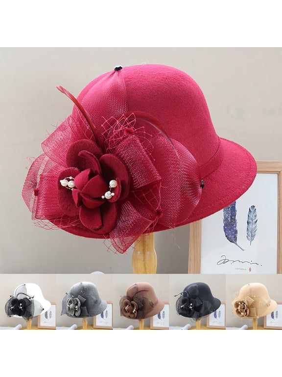 Black Stylish Vintage Floral Dress Cloche Hat Tweed 1924S Church Hat Winter Fall Solid Bucket Caps for Woman Vintage Felt Cloche Hat A