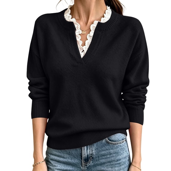 Only Moment Black Womens Oversized Sweatshirts V Neck Lace Trim Long Sleeve Lightweight Knit Pullover Tops 2XL