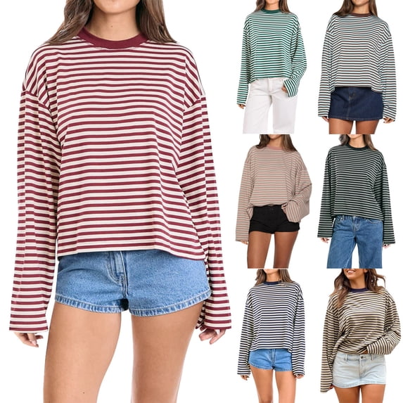 Only Moment Blackish Green Casual Fall Winter Tops Striped T Shirt Crew Neck Lightweight Sweaters Raglan Long Sleeve Shirts Fall Fashion Tops XS