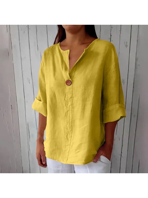 Blouses for Women 3/4 Sleeve V Neck Cotton and Linen with Oversized Collar Slim Fit Blouse Elegant Stand Out Lapel Top Yellow,XL