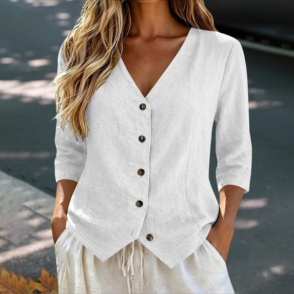 Only Moment Blouses for Women 3/4 Sleeve V Neck Linen with Button Cuffs Dressy Casual Summer Outfits Early Fall Fashion Spring Clothes White,2XL