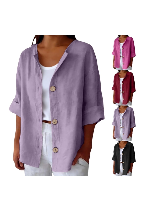 Blouses for Women 3/4 Sleeve V Neck Wash Cotton Blouses Business Casual Tops Zip Front V Neck Work Shirts Loose Fit Tunic Tops Hot Pink,S