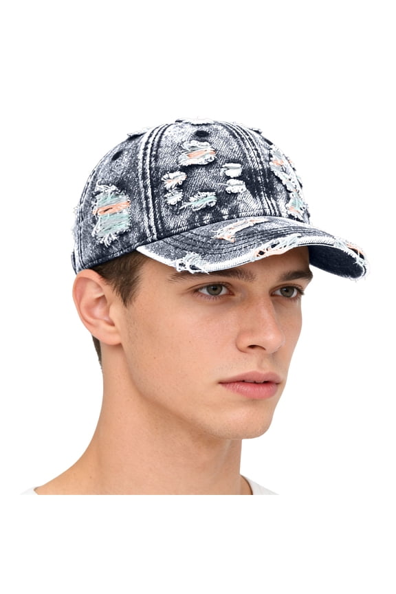 Blue Distressed Cap Oversize Baseball Cap Polyester,Cotton for Running Workouts and Outdoor Activities All Seasons One Size