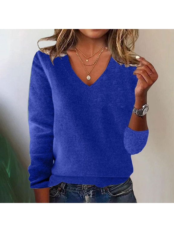 Blue Lightweight Crochet Pullover Tops V Neck Long Sleeve Lightweight Knit Pullover Tops M