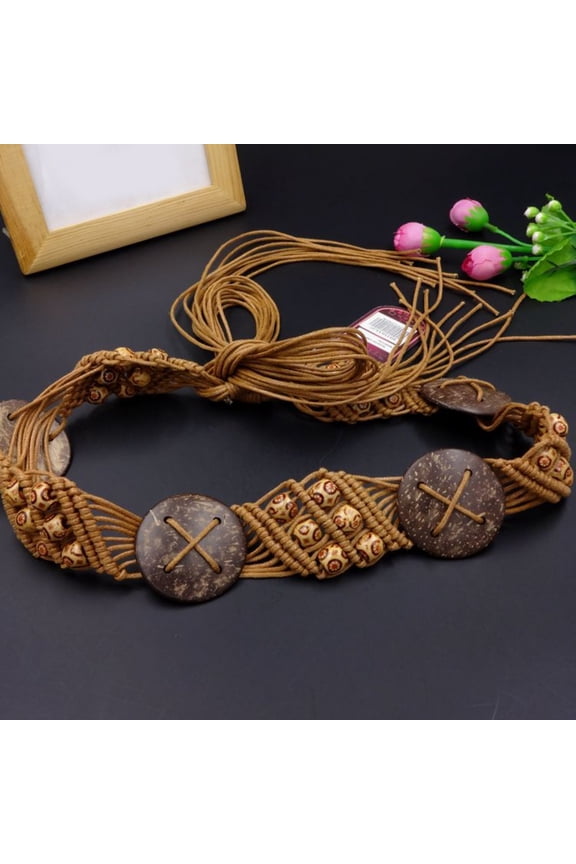 Brown Boho Belt Belts for Women Cotton Elastic Web Strap Belt with Flat Buckle for Jeans Pants Dresses One Size