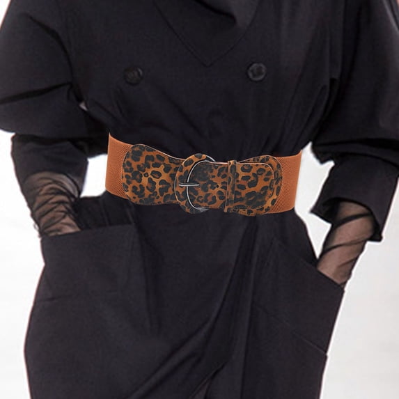 Only Moment Brown Leopard Belts for Women Leather Belt Elastic Band+Alloy Buckle Stretchy Thin Belt for Dress Jeans One Size