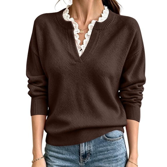 Only Moment Brown Oversized Sweater for Women V Neck Lace Trim Fall Clothes Fashion 2026 Sweater School Teacher Outfits M