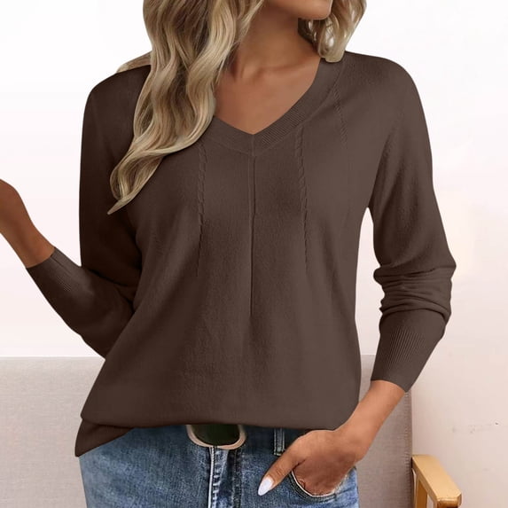 Only Moment Brown Womens Long Sleeve Shirts V Neck Fall Sweaters Business Casual Tops Blouse L