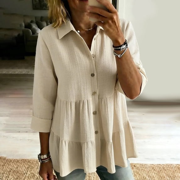 Only Moment Button Down Shirts for Women 3/4 Sleeve V Neck Blended Fabric Spring Summer Shirts Beach Vacation Clothes Beige,3XL