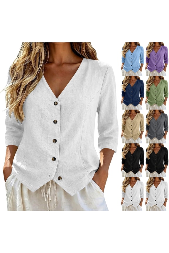 Button Down Shirts for Women 3/4 Sleeve V Neck Linen Cinch Waist Long Sleeve Casual Work Dressy Tunics Blouse Corset Tops Sky Blue,S