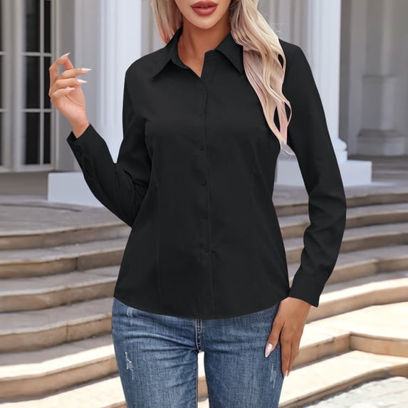 Only Moment Button Down Shirts for Women Long Sleeve V Neck Polyurethane Fiber Spring Summer Shirts Beach Vacation Clothes Black,2XL