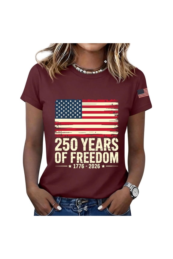 Casual Crew Neck Tee Crew Neck Short Sleeve American Flag T-Shirt with Ring Hole Short Sleeve Patriotic Tops Summer Fashion Wine,M
