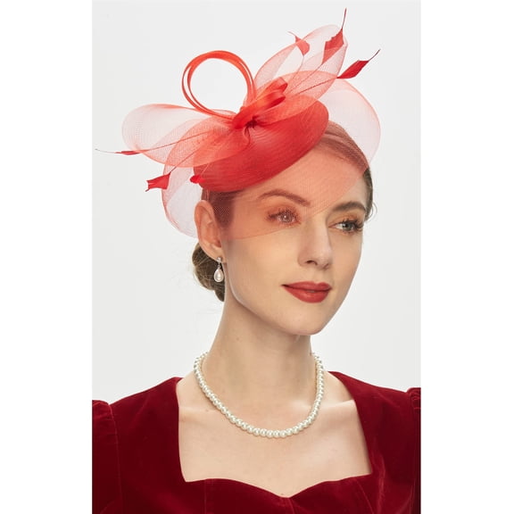 Only Moment Church Hat Lace Flower Fascinators with Headband and Clip Tea Party Headwear for Women Red,One Size