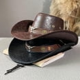 thumbnail image 1 of Only Moment Coffee Vintage Western Cowboy Hat PU Suede Wide Brim with Rivet Belt Windproof Cap Rope Party Daily Sun Hats M, 1 of 7