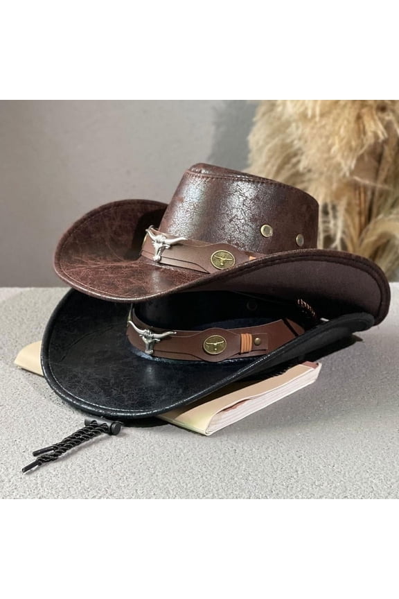 Coffee Vintage Western Cowboy Hat PU Suede Wide Brim with Rivet Belt Windproof Cap Rope Party Daily Sun Hats M