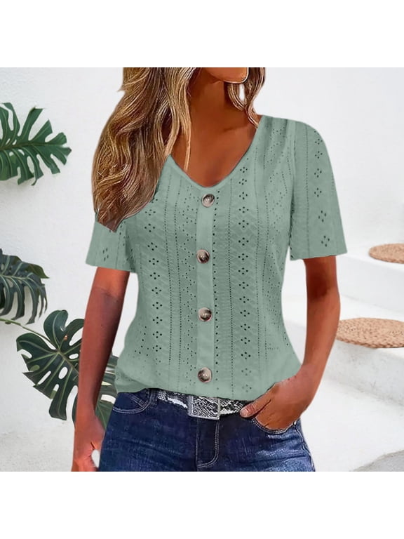 Crew Neck Tee cotton V Neck Women's Short Sleeve Tops 2026 Spring Summer Trendy Green,M