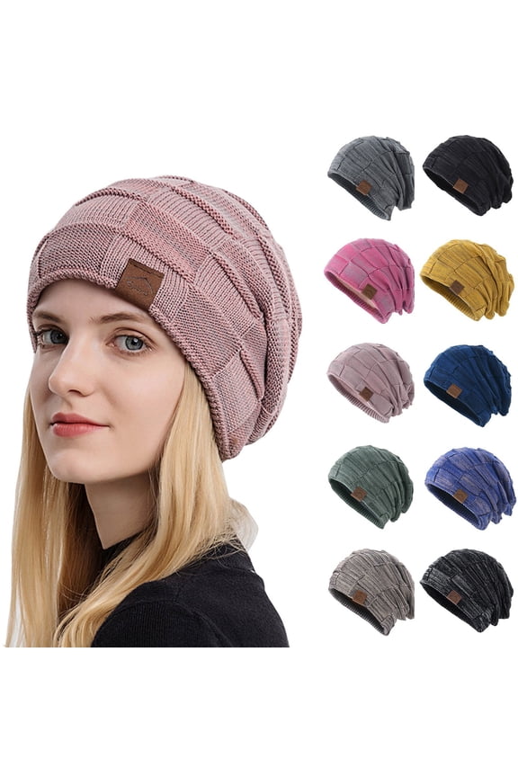 Crochet Hats for Women Blue Polyester,Cotton Fleece Lined Knit Beanie Warm Soft Stocking Cap for Cold Weather Outdoor One Size