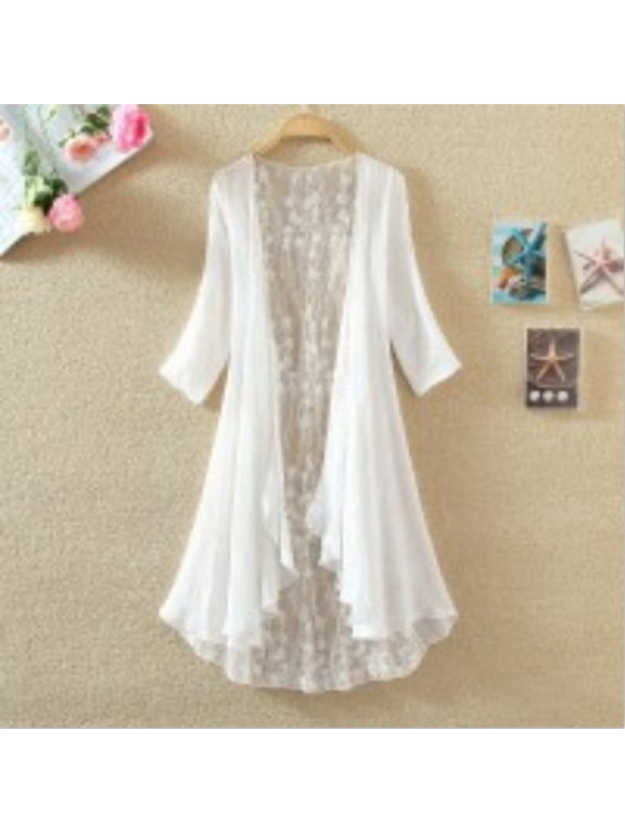 Elegant Cardigan Lace Light Coat Womens Seven-button sleeves Crochet Sheer Beach Cover Ups Long Kimono White,L
