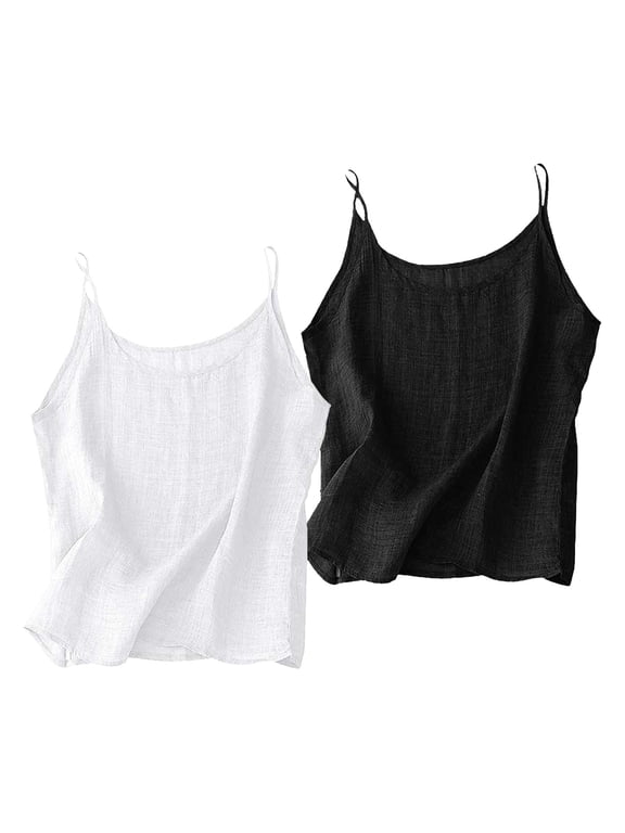 Elegant Layering Top Cotton and linen 2pc Tanks & Camis Women's Sleeveless Short Top Casual Trendy Breathable Basic Cami Shirt White,L