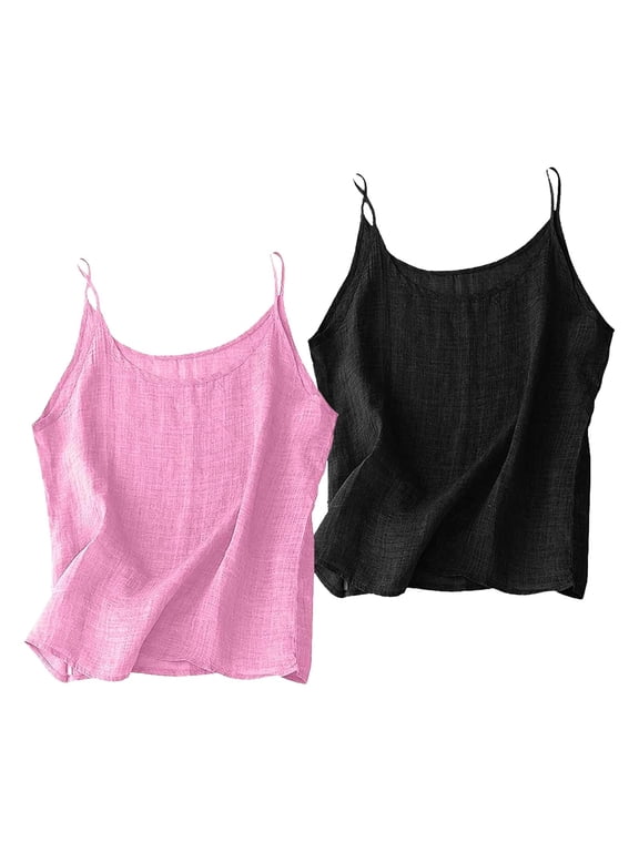 Everyday Basic Top Cotton and linen 2pc Tanks & Camis Women's Sleeveless Short Top Summer Casual Loose Fit Beach Vacation Cami Pink,L