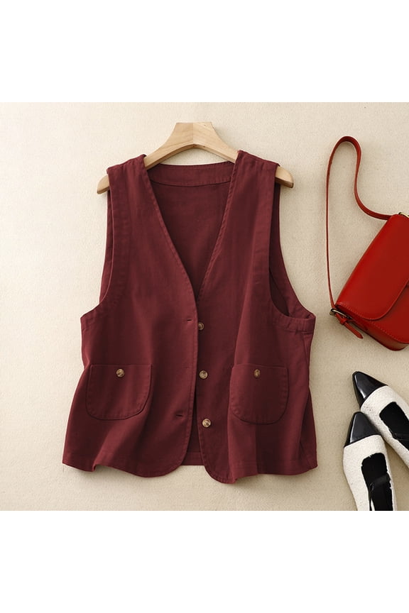 Everyday Basic Top cotton Deep V Neck Women's Sleeveless Short Top Button Open Front Work Suit Vest Tops Red,L