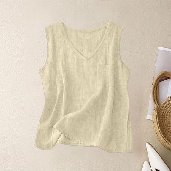 Only Moment Fashion Sleeveless Cotton and linen V Neck Women's Sleeveless Short Top Casual Travel Cami Clothes Beige,L